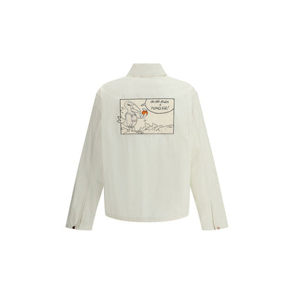 Moncler x Donald Glover White Cotton Coat with comic-style patch on back, from Moncler Genius collection.