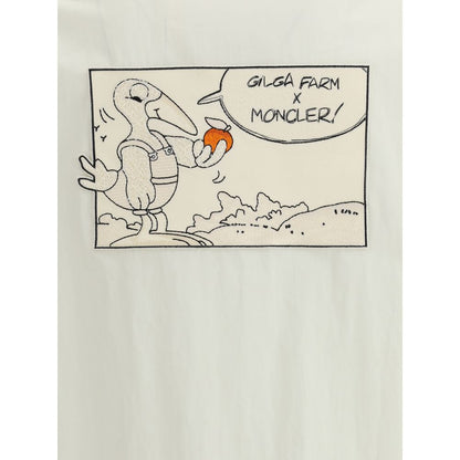 Comic-style patch on Moncler x Donald Glover White Cotton Coat featuring Gilga Farm and Moncler collaboration art.