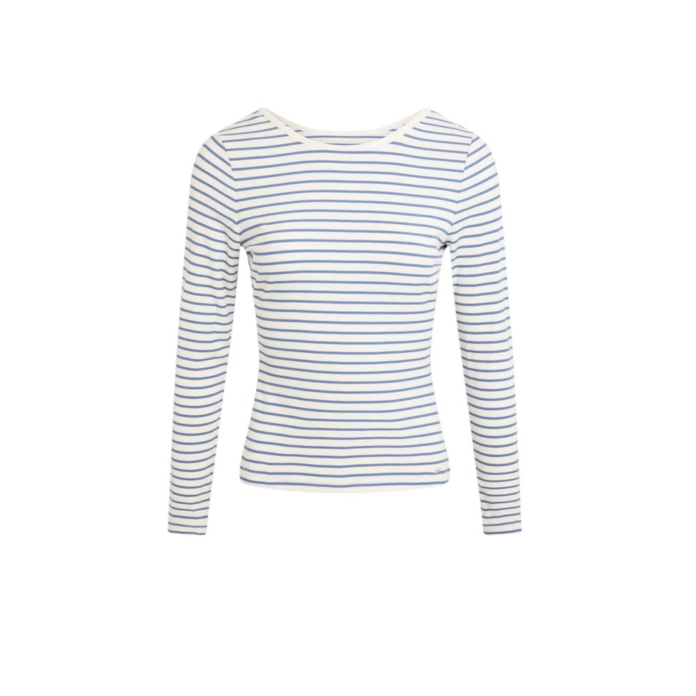 Morgan De Toi White Viscose Long Sleeve T-Shirt with stripes and deep back neckline for women, made from soft viscose and elastane blend.