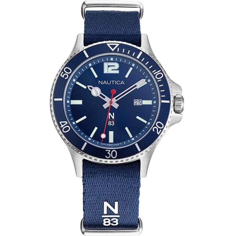 NAUTICA Mod. NAPABS904 gent's quartz analog watch with 43mm mineral dial and 5 ATM water resistance, featured in official packaging.