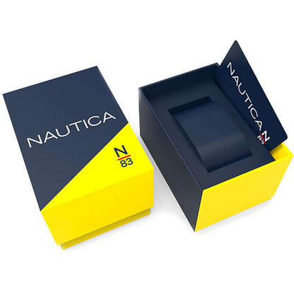 NAUTICA Mod. NAPABS904 official packaging box, yellow and navy blue with NAUTICA branding, shown open with space for bracelet.