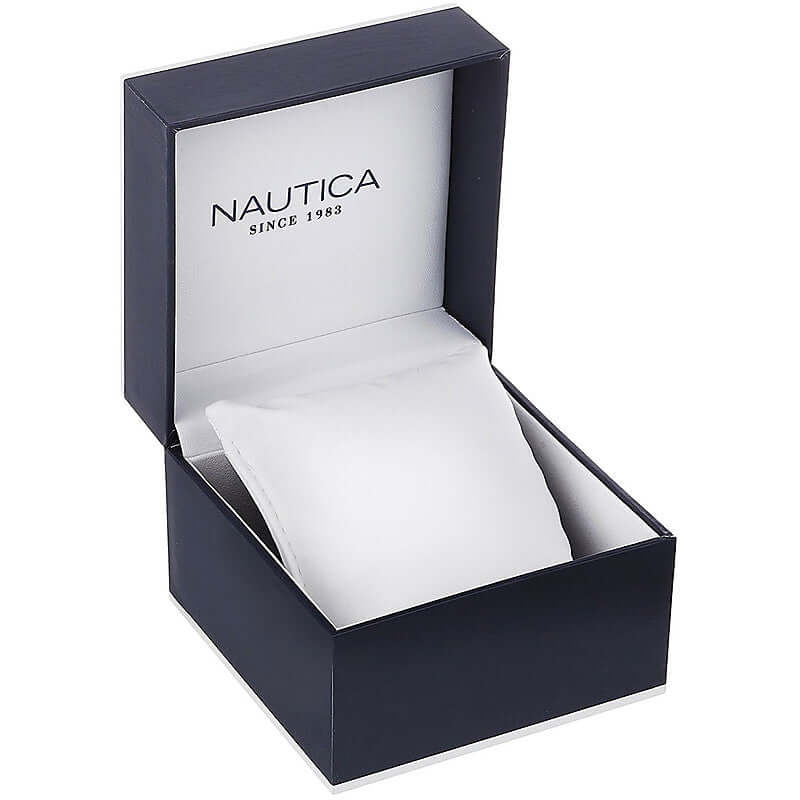 Official NAUTICA Mod. NAPFWS005 packaging box, showcasing a luxury watch presentation for gents with quartz analog movement.