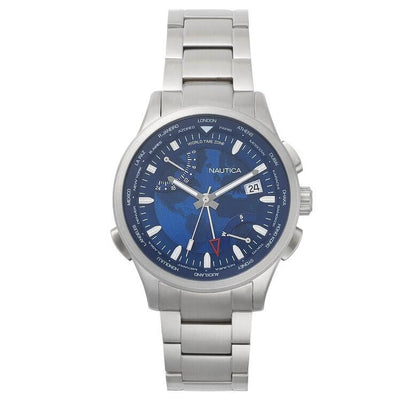 NAUTICA Mod. NAPSHG003 men's quartz analog watch with blue dial and silver strap, 44mm case, water resistant up to 10 ATM.