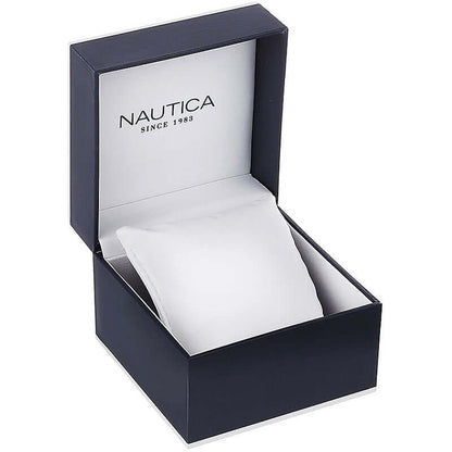Official box packaging for NAUTICA Mod. NAPSHG003 watch, showcasing brand's elegant presentation for gent's quartz analog timepiece.