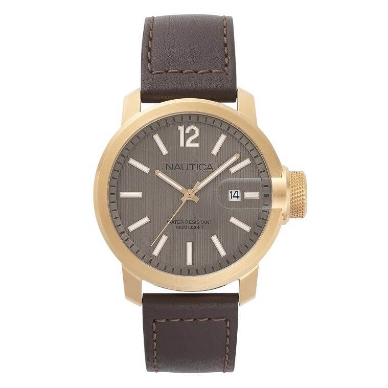 NAUTICA Mod. NAPSYD005 gent's watch with quartz movement, analog dial, 44mm case, brown strap, and 10 ATM water resistance in official box.
