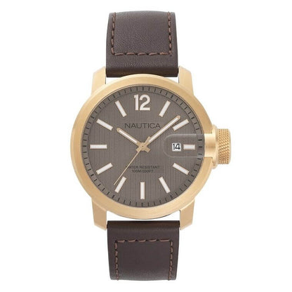 NAUTICA Mod. NAPSYD005 gent's watch with quartz movement, analog dial, 44mm case, brown strap, and 10 ATM water resistance in official box.