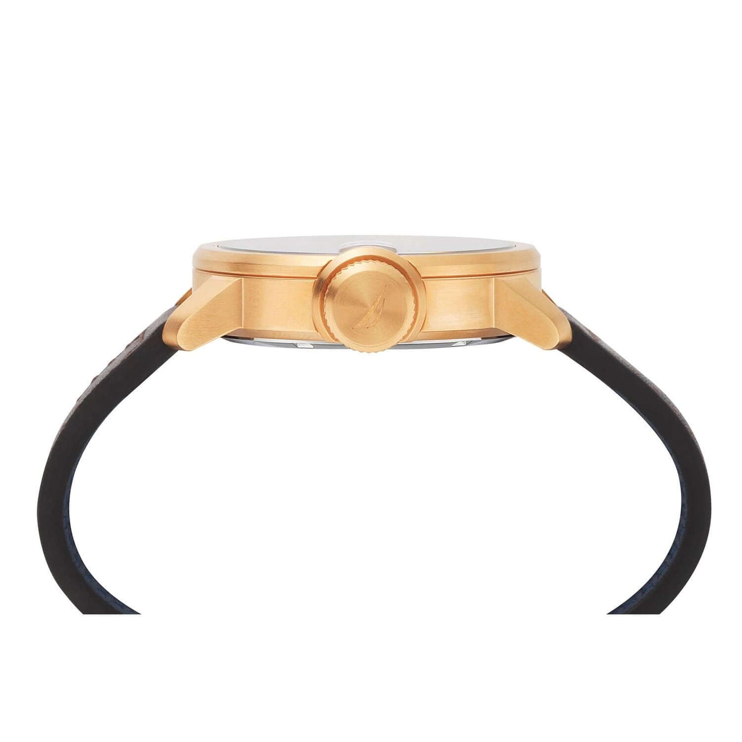 Side view of NAUTICA Mod. NAPSYD005 watch with gold-tone case and black strap, featuring quartz movement and water resistance.