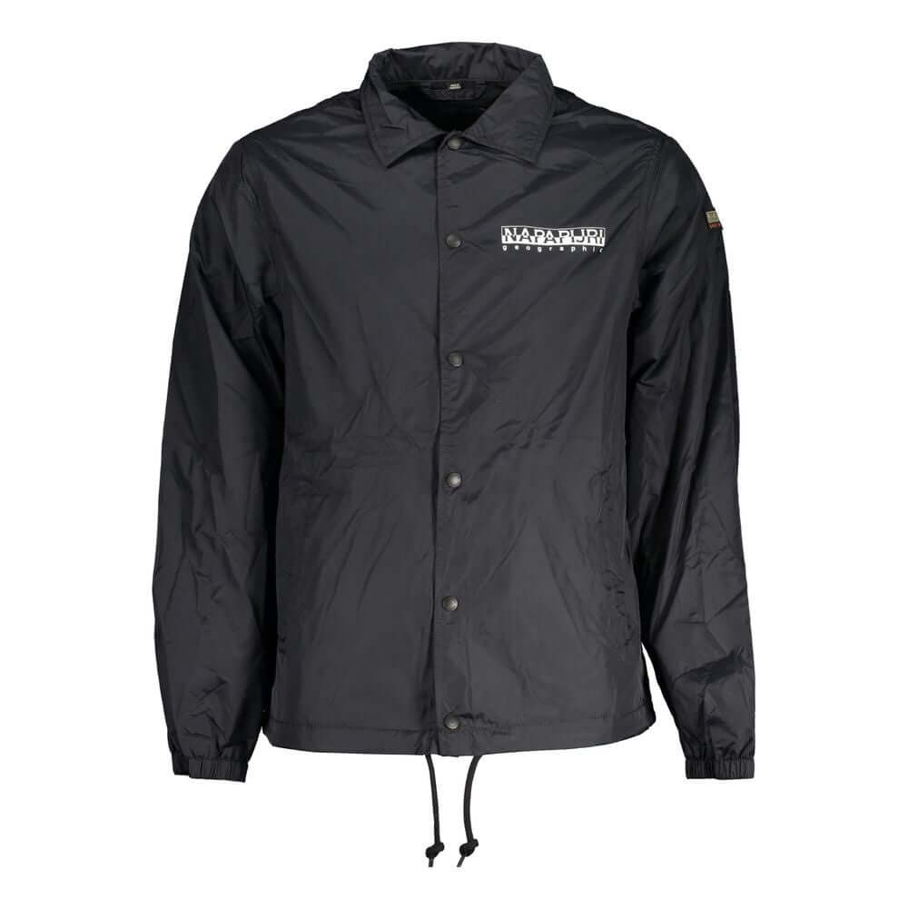Napapijri Black Polyester Men Jacket with logo, waterproof long-sleeves, featuring contrast details, ideal for outdoor fashion.