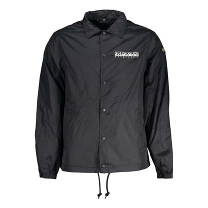 Napapijri Black Polyester Men Jacket with logo, waterproof long-sleeves, featuring contrast details, ideal for outdoor fashion.