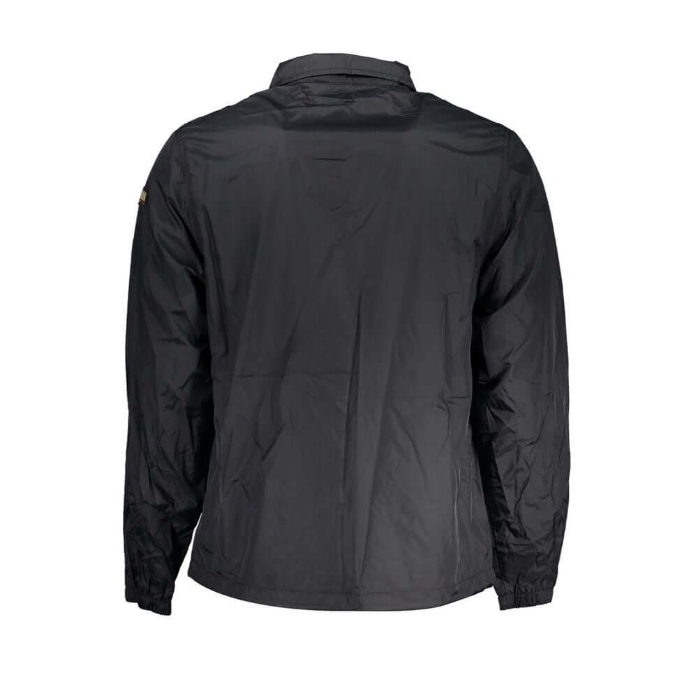 Napapijri Black Polyester Men Jacket with long sleeves, waterproof quality, and contrasting details.