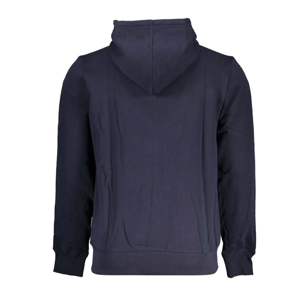 Back view of Napapijri Blue Cotton Men Sweater with Hood showcasing its stylish design and comfortable fit.