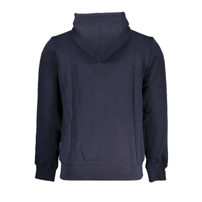 Back view of Napapijri Blue Cotton Men Sweater with Hood showcasing its stylish design and comfortable fit.