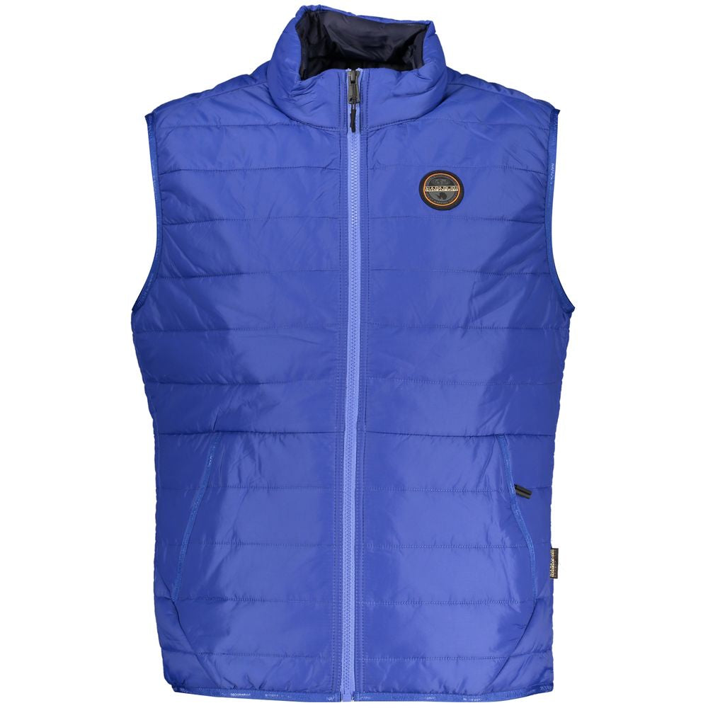 Napapijri Blue Polyester Men Jacket with zip front, logo, and multiple pockets for utility. Durable and stylish sleeveless design.