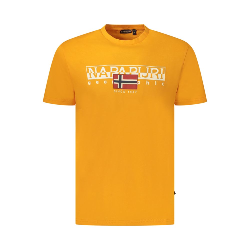 Napapijri Orange Organic Cotton Men T-Shirt with bold logo and crew neck, made from sustainable 100% organic cotton for eco-friendly style.