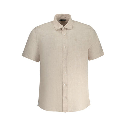 North Sails Beige Linen Shirt with short sleeves, Italian collar, buttons, and embroidery featuring the Ocean Positive logo.
