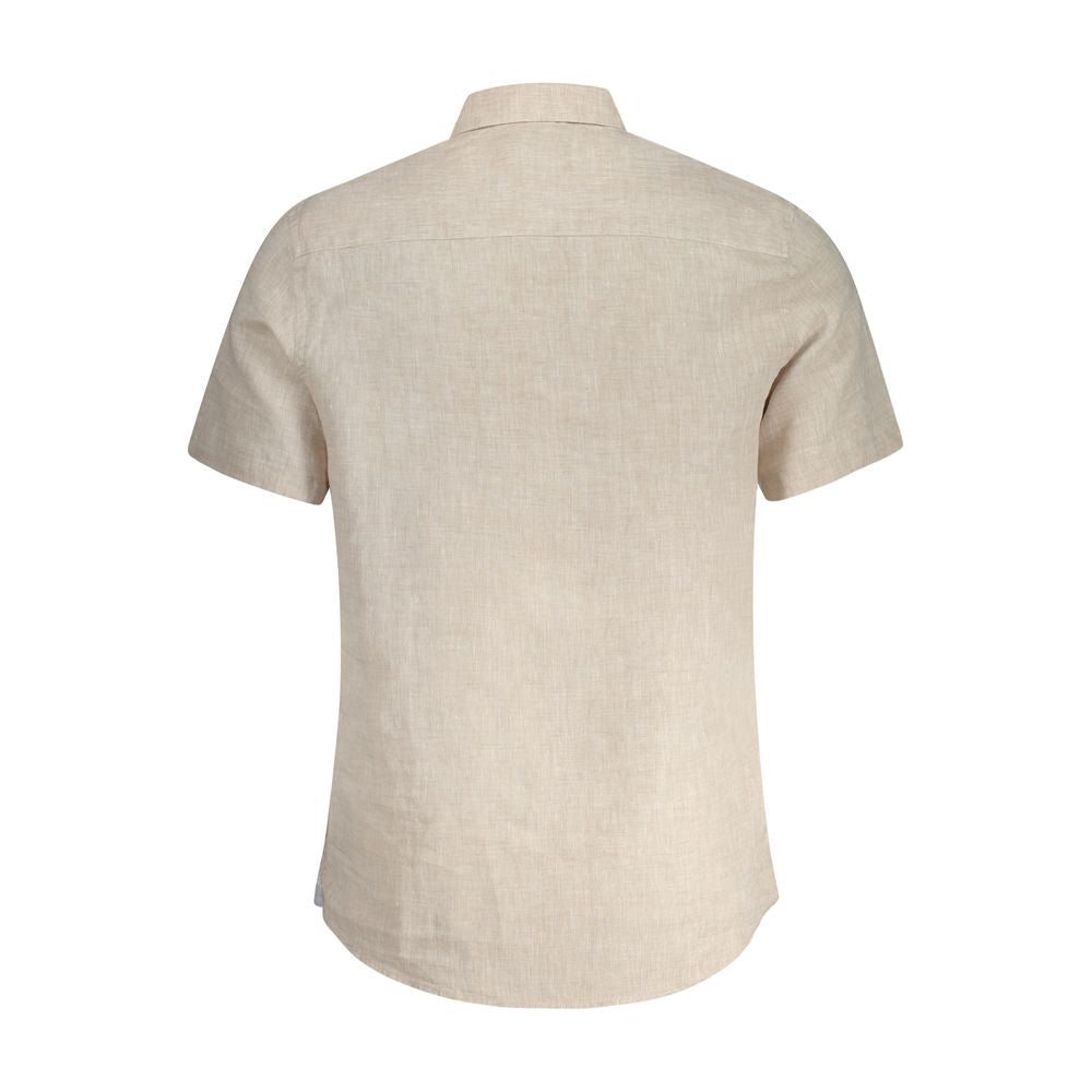 Back view of North Sails Beige Linen Shirt with Italian collar and short sleeves, featuring buttons and embroidery logo.