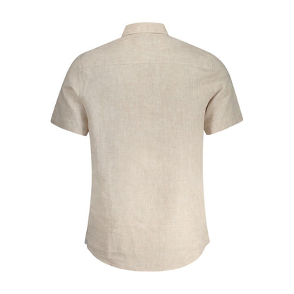 Back view of North Sails Beige Linen Shirt with Italian collar and short sleeves, featuring buttons and embroidery logo.