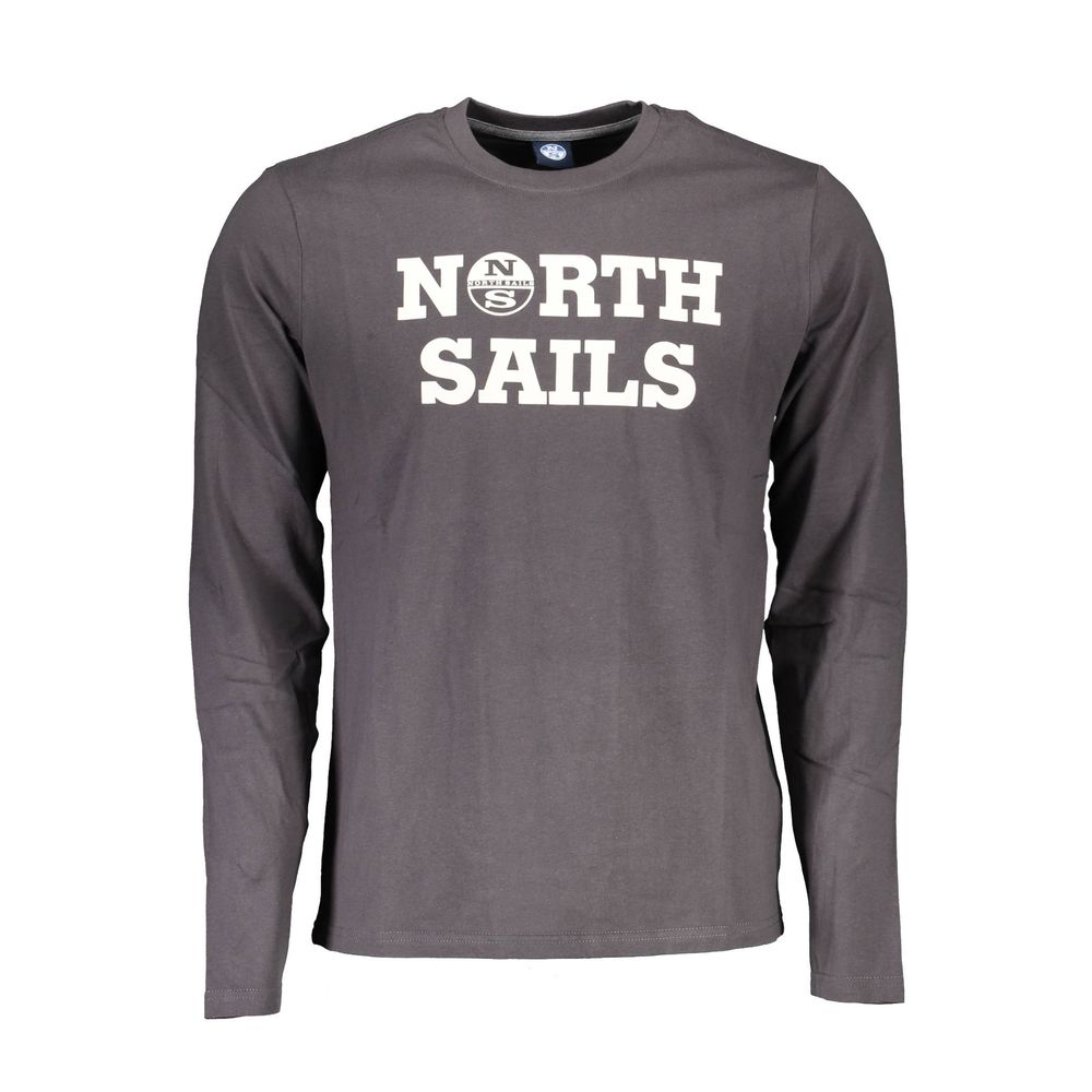 North Sails Brown Cotton Men T-Shirt with long sleeves and crew neck design featuring a bold logo print.