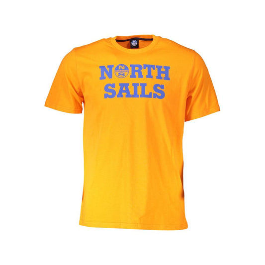 North Sails Orange Cotton Men T-Shirt featuring short sleeves and crew neck with iconic logo print for trendy style and comfort.