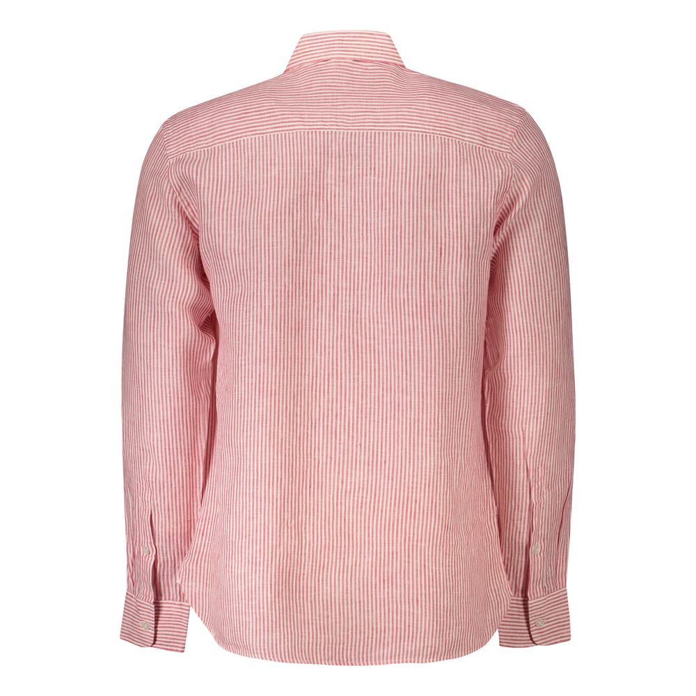 Back view of a North Sails Red Linen Shirt with long sleeves, French collar, and logo embroidery, showcasing the striped design.