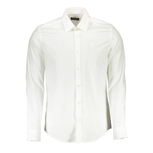 North Sails White Cotton Men Shirt with long sleeves and tailored fit, featuring contrasting internal button cuffs and subtle embroidery logo.