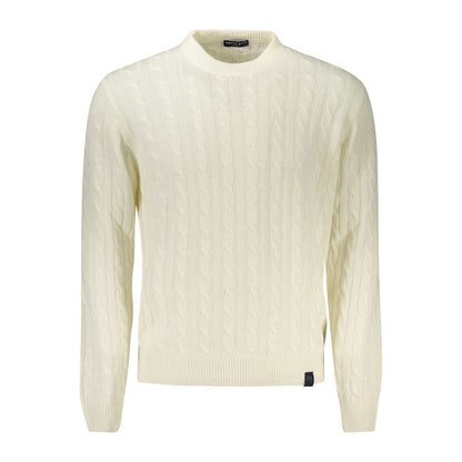 North Sails White Wool Men Sweater with long sleeves and crew neck, showcasing classic design and subtle logo on front.