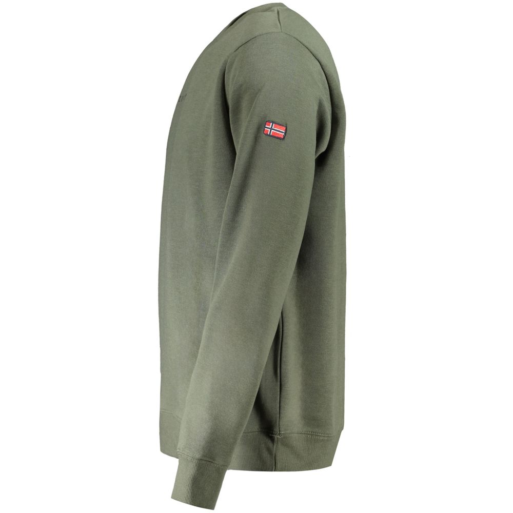 Side view of Norway 1963 Green Cotton Men Sweater with long sleeves and Norwegian flag patch.