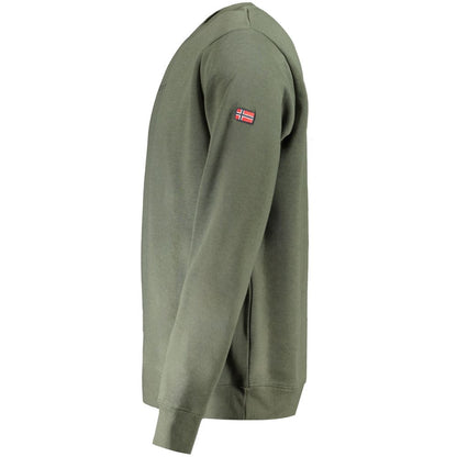Side view of Norway 1963 Green Cotton Men Sweater with long sleeves and Norwegian flag patch.