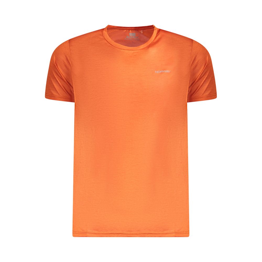 Alt Tag: Norway 1963 Orange Polyester Men T-Shirt with lightweight, eco-conscious design, made of 100% recycled polyester, crew neck style.
