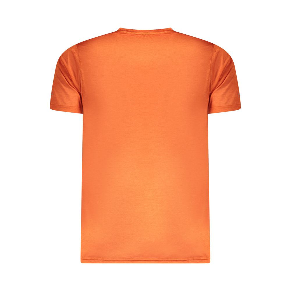 Rear view of Norway 1963 Orange Polyester Men T-Shirt, showcasing eco-friendly, recycled material for sustainable fashion.