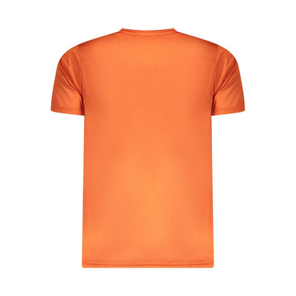 Rear view of Norway 1963 Orange Polyester Men T-Shirt, showcasing eco-friendly, recycled material for sustainable fashion.