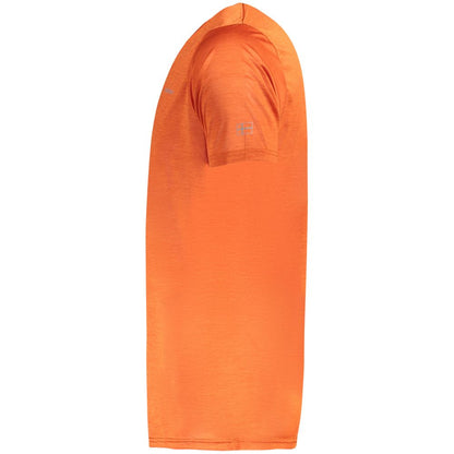 Side view of Norway 1963 Orange Polyester Men T-Shirt showcasing recycled fabric and vibrant hue.