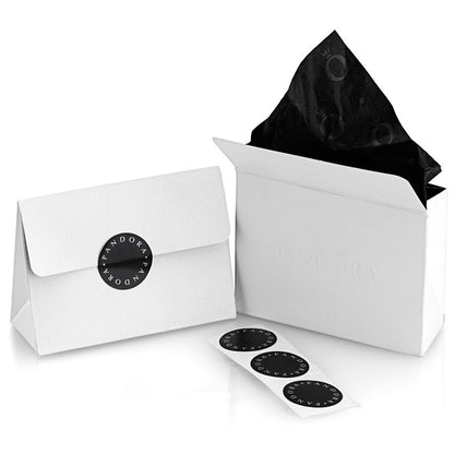 PANDORA JEWELRY Mod. 594028C00-17 packaging displayed with white gift box and black tissue paper.
