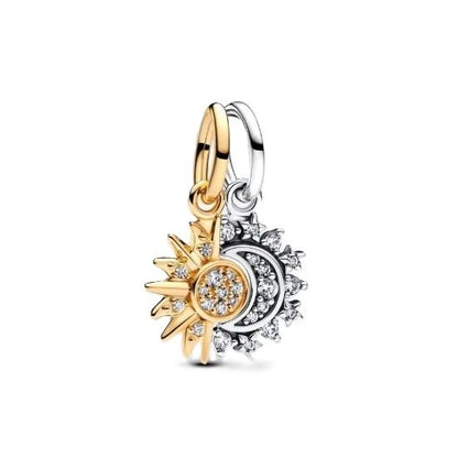 PANDORA JEWELRY Mod. 763585C01 silver and gold sun and moon charm for ladies, made in Thailand, in official packaging