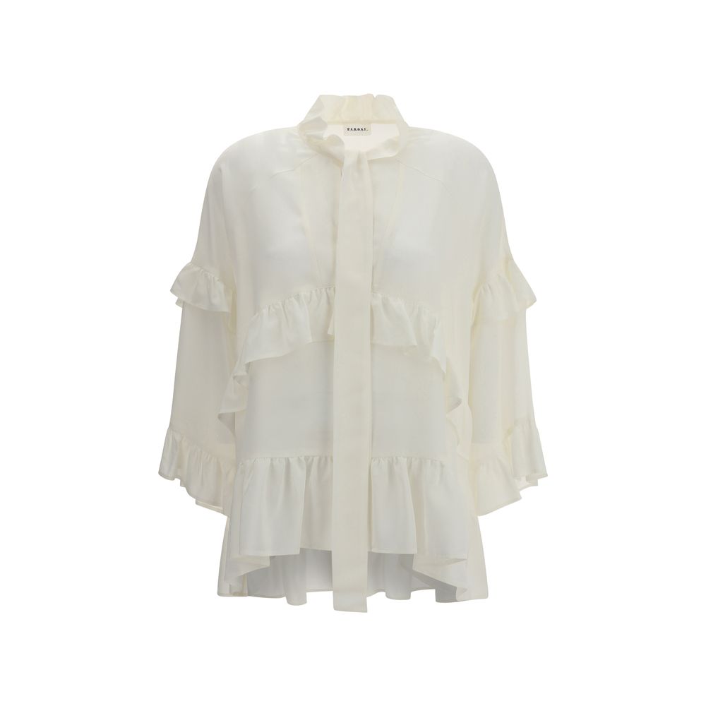 P.A.R.O.S.H. Cream Silk Blouse with ruffles and bow closure, V-neck, feminine elegant design for AW25 season, 100% silk composition.