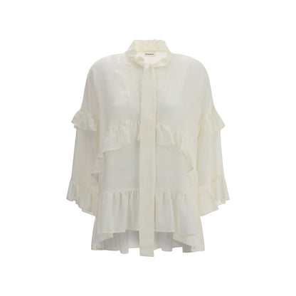 P.A.R.O.S.H. Cream Silk Blouse with ruffles and bow closure, V-neck, feminine elegant design for AW25 season, 100% silk composition.