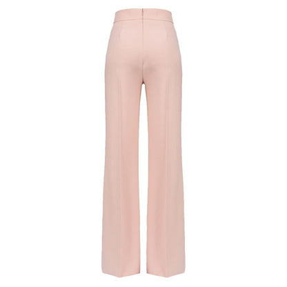 Back view of PINKO Pink Polyester Women's Trouser with high waist and offset leg cut.