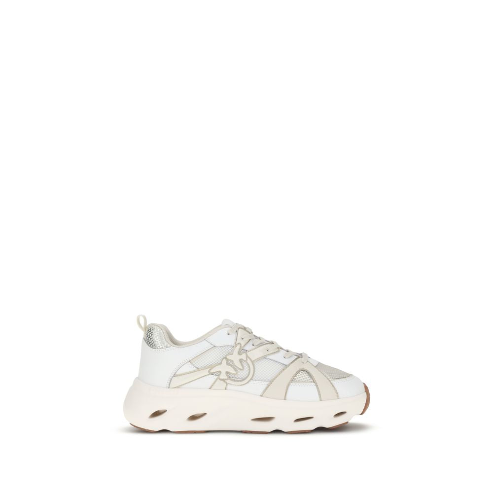 PINKO White Calf Leather Bos Taurus Chunky Sneakers with Love Birds logo and mesh inserts for a bold contemporary look.