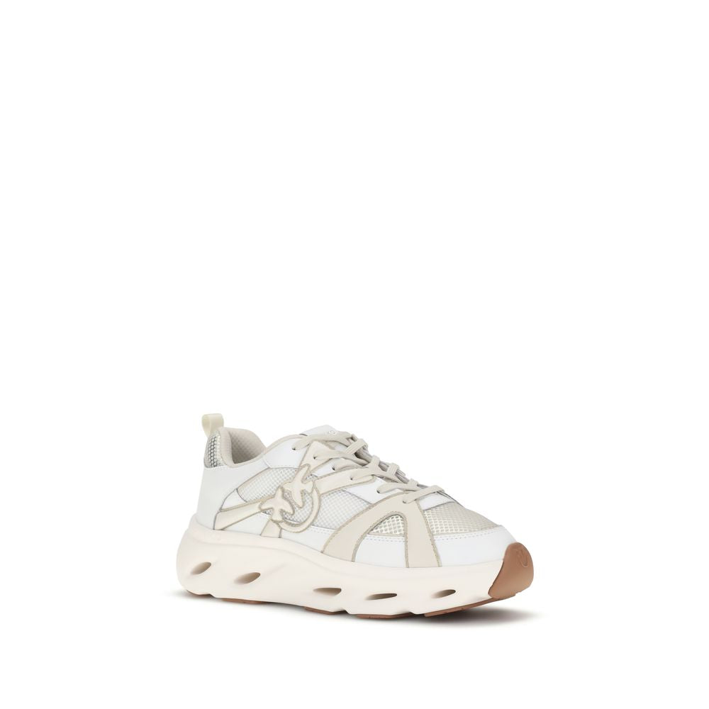 PINKO White Calf Leather Bos Taurus Chunky Sneakers with Love Birds logo, featuring a bold design with shiny details and mesh inserts.