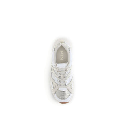 Top view of PINKO White Calf Leather Bos Taurus Chunky Sneakers with mesh inserts and Love Birds logo.