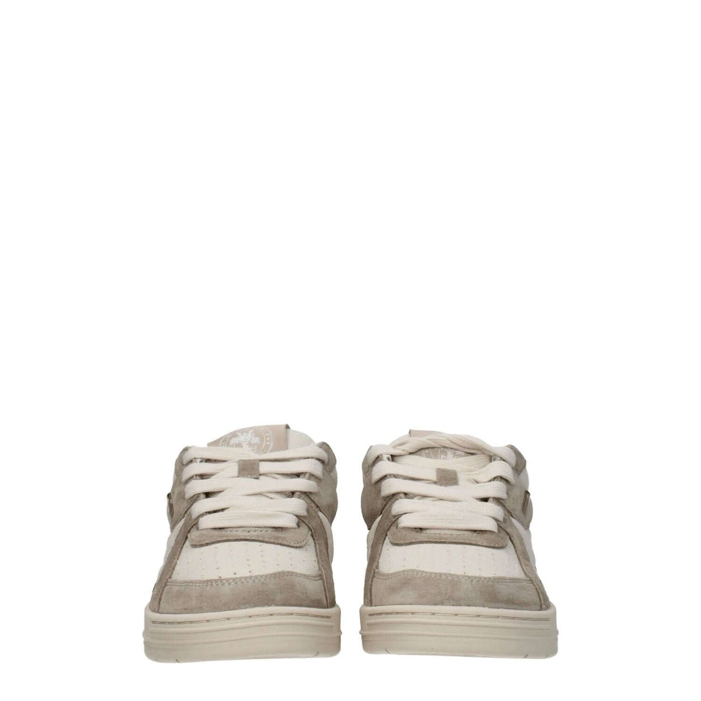 Palm Angels Beige Fabric Low Top Sneakers with lace-up closure, suede material, and rubber sole, featuring front, side, and back logos.