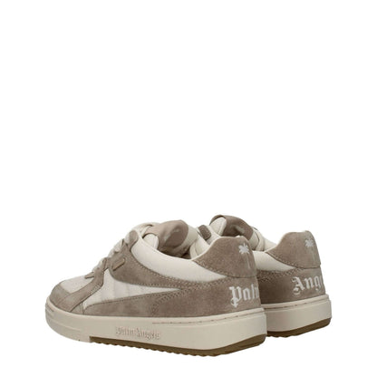 Palm Angels Beige Fabric Low Top Sneakers with logo, suede material, rubber sole, lace-up closure, round toe, sporty glam style.