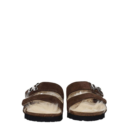 Palm Angels Brown Leather Slippers with front logo, suede material, strap closure, open toe, and rubber sole.