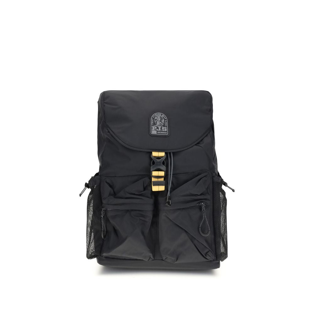 Parajumpers Black Nylon Backpack with multiple pockets and adjustable straps, featuring a durable design made from recycled materials.