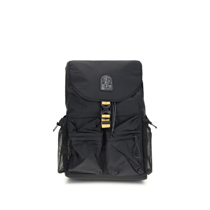 Parajumpers Black Nylon Backpack with multiple pockets and adjustable straps, featuring a durable design made from recycled materials.