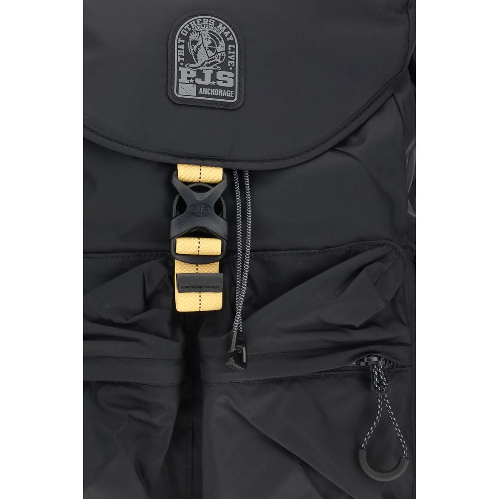 Close-up of Parajumpers Black Nylon Backpack with buckle and drawstring closure, multiple exterior pockets, and durable nylon ripstop material.