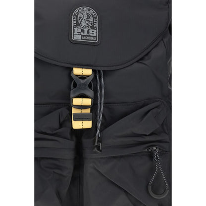 Close-up of Parajumpers Black Nylon Backpack with buckle and drawstring closure, multiple exterior pockets, and durable nylon ripstop material.