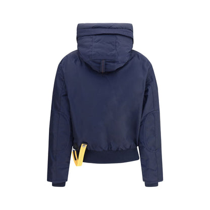 Back view of Parajumpers Blue Nylon Bomber jacket with hood and yellow detail.