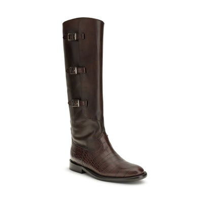Paris Texas Brown Leather Lace-Up Boots with crocodile embossed details and side buckles, knee-high design, 100% leather.