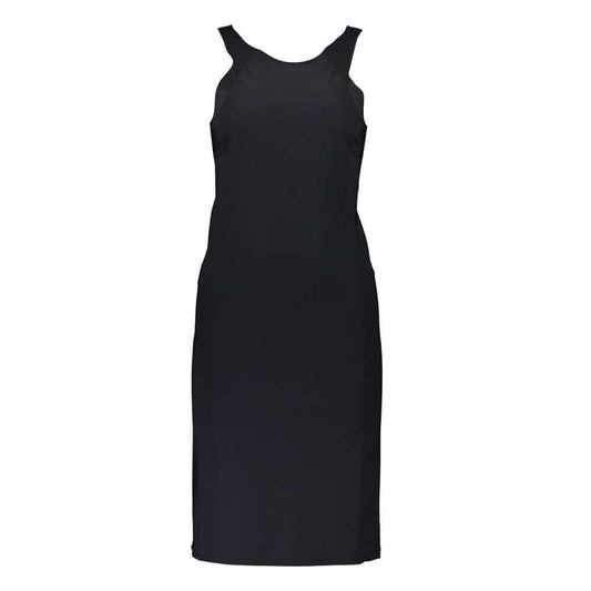 Patrizia Pepe Black Elastane Dress with wide hat straps and crew neck, featuring a logo design.